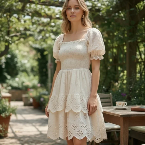 Bershka Size S Cream Tiered Ruffle Dress Eyelet Smocked Puff Sleeve - Picture 2 of 15